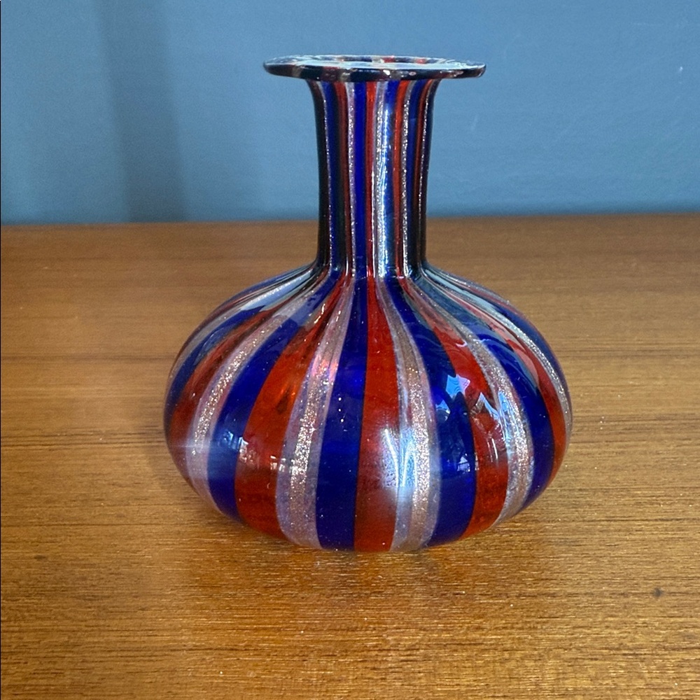 Murano gold blur red Striped Glass Vase with Red and Blue Accents collectible